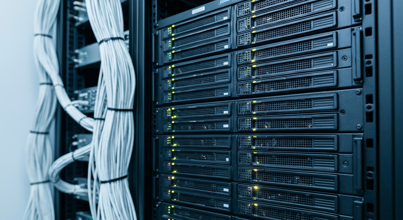Close-up of rack-mounted enterprise storage and backup servers with hot-swap drive bays and network cabling in a data center