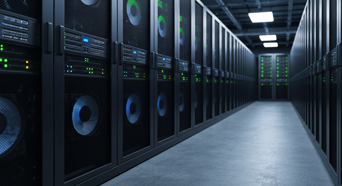 An enterprise data center aisle lined with server racks and rack-mounted backup storage appliances