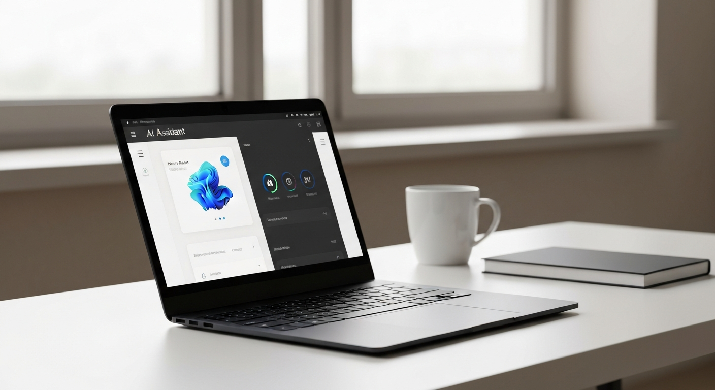 A laptop on a desk showing an AI assistant interface on screen