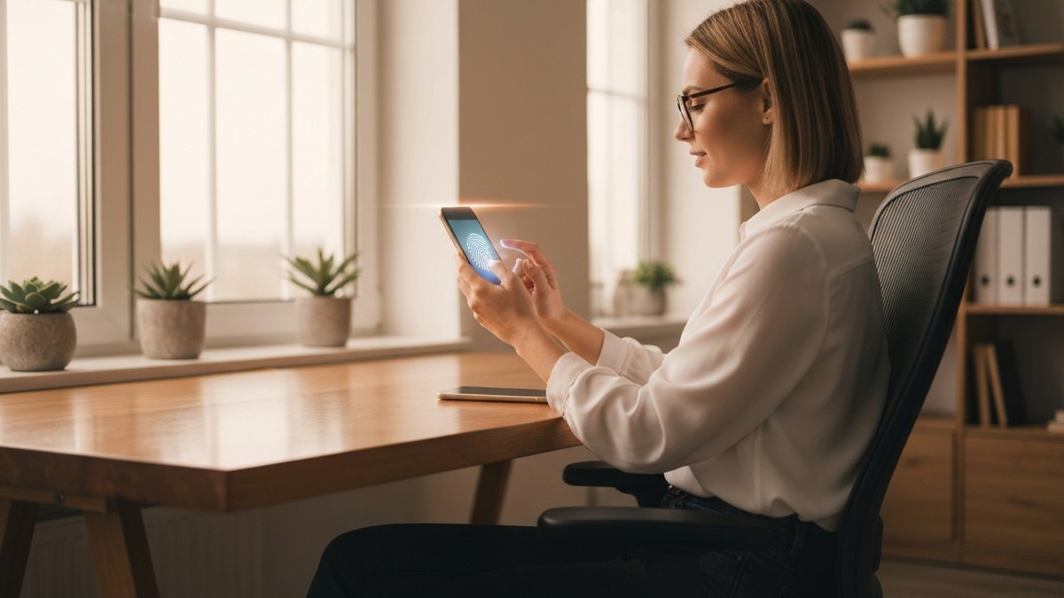 A person in a bright modern home office holding a smartphone, approving a login with a fingerprint sensor, soft natural