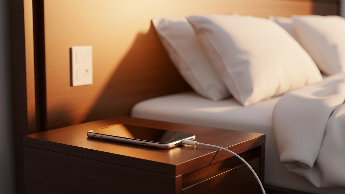 A smartphone charging from a wall outlet through a cable on a bedside table at night