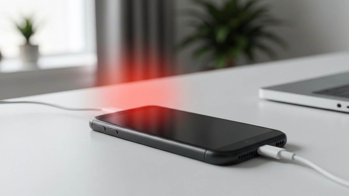 A smartphone charging on a desk with red heat rising from it, illustrating how heat slows charging speed