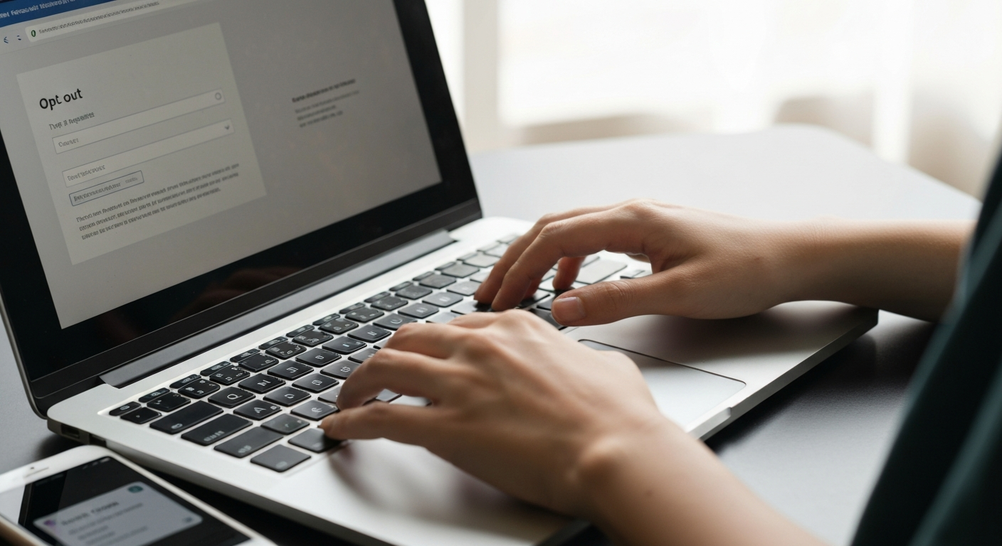 A person submitting a data broker opt-out request on a laptop as a verification code arrives on their phone