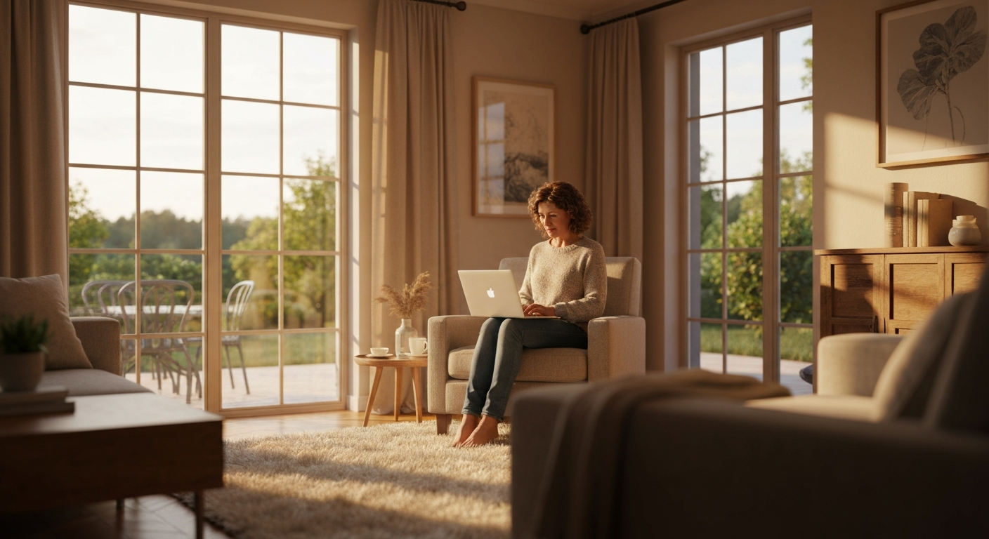 A person at a sunlit kitchen table reviewing a remove-my-information form on a laptop