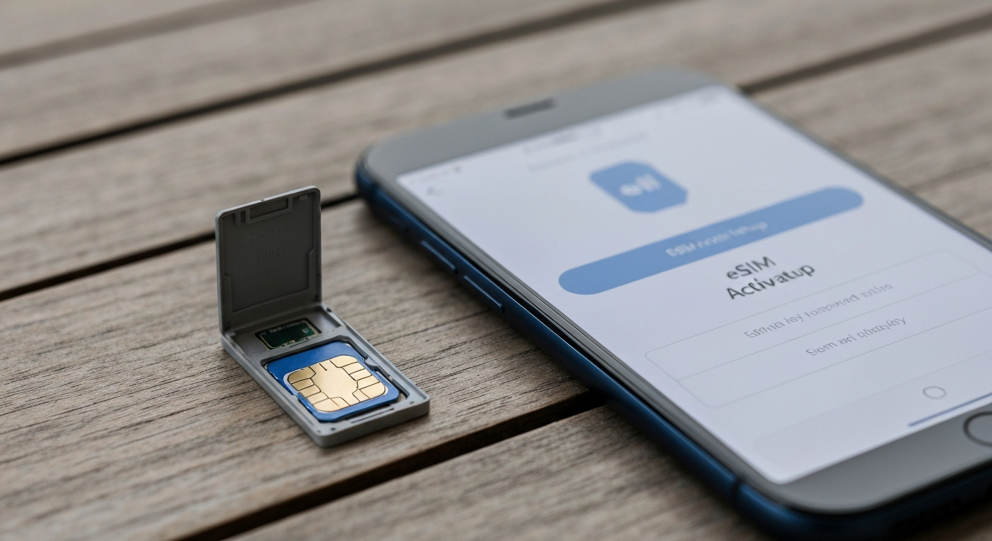 A SIM tray and nano-SIM card next to a phone showing an eSIM activation screen