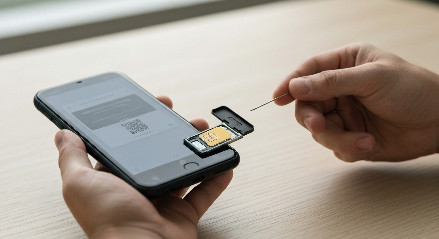 A hand holding a phone showing an eSIM QR setup with a nano-SIM card and ejected tray