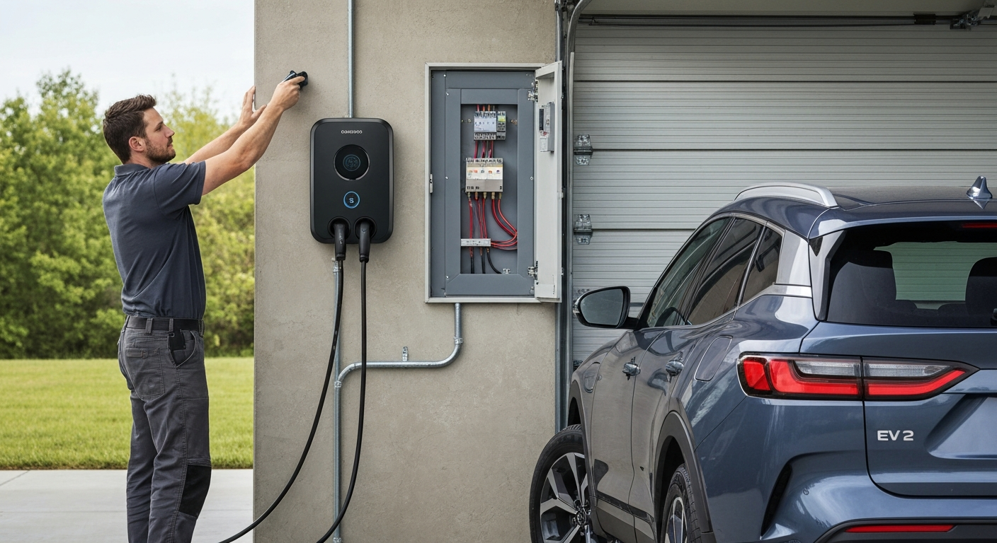 Electrician installing a wall-mounted Level 2 home EV charger next to an electrical panel in a garage