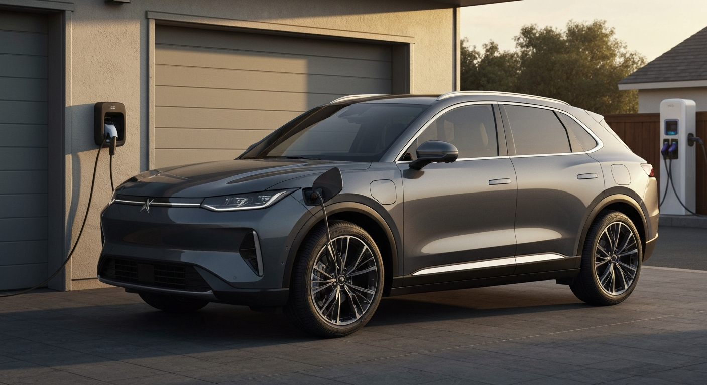 Electric SUV charging on a wall-mounted Level 2 home charger at golden hour