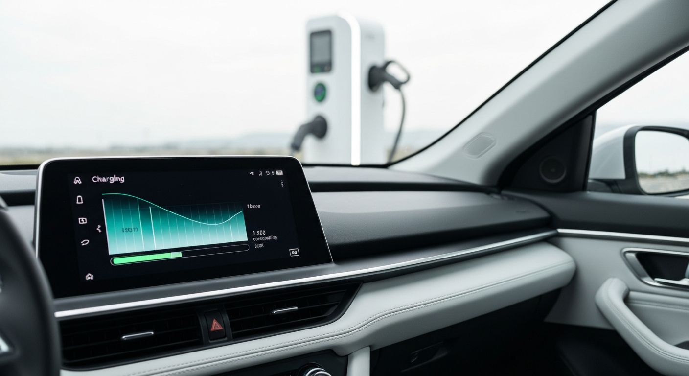 An EV dashboard touchscreen showing a battery charging graphic