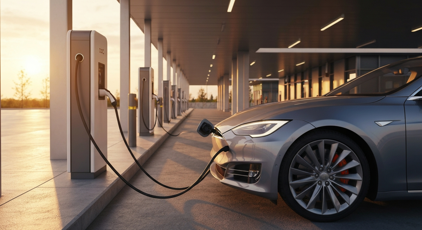 An electric car plugged into a DC fast-charging station at golden hour