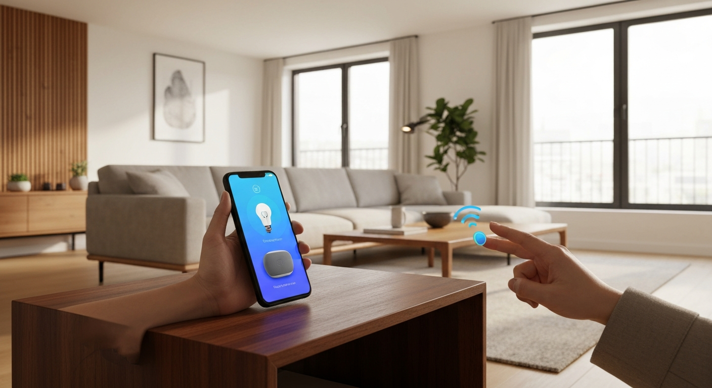Person using a smartphone app to control a smart bulb, plug and speaker in a living room