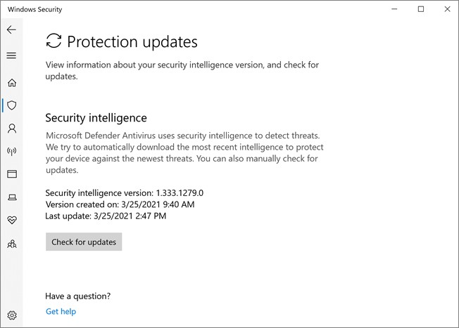Windows Security app Protection updates screen showing the Microsoft Defender security intelligence version and a Check for updates button