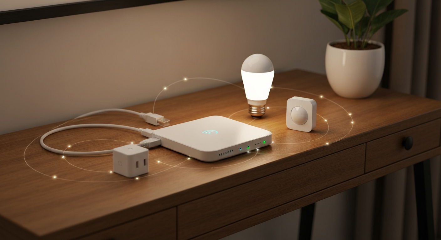 A smart home hub on a console table linked by faint glowing mesh lines to a bulb, a door sensor, and a smart plug