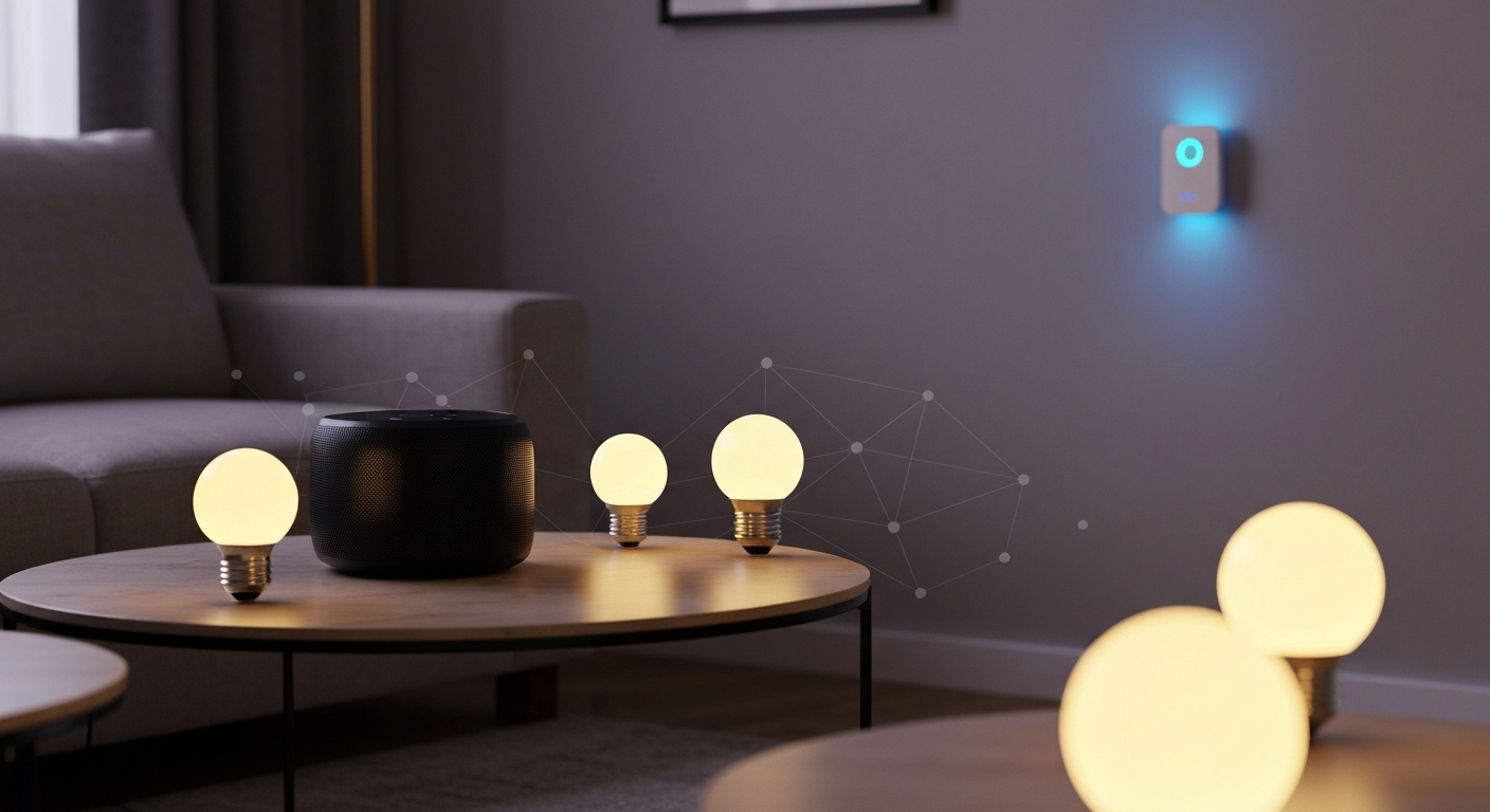 Modern living room with a smart speaker, smart bulbs and a thermostat connected by a network mesh