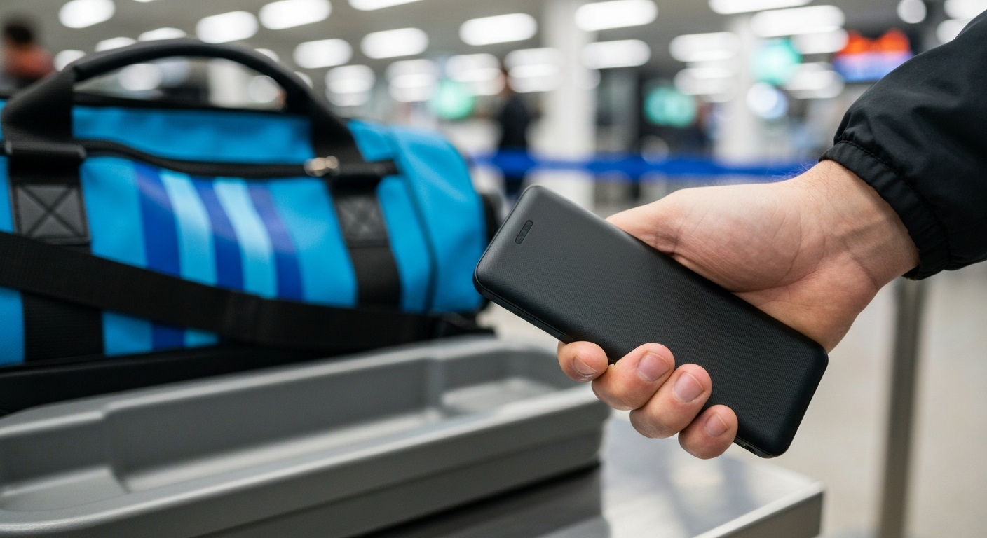 A traveler holding a power bank at an airport security checkpoint