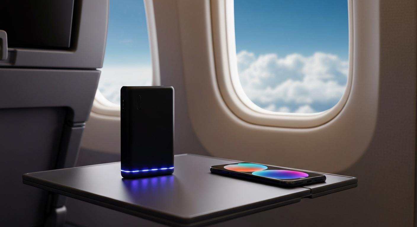 A black power bank and a smartphone on an airplane tray table by the window