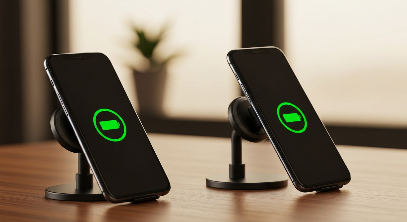 Two smartphones each held on a round magnetic wireless charging stand, both screens showing a green charging icon