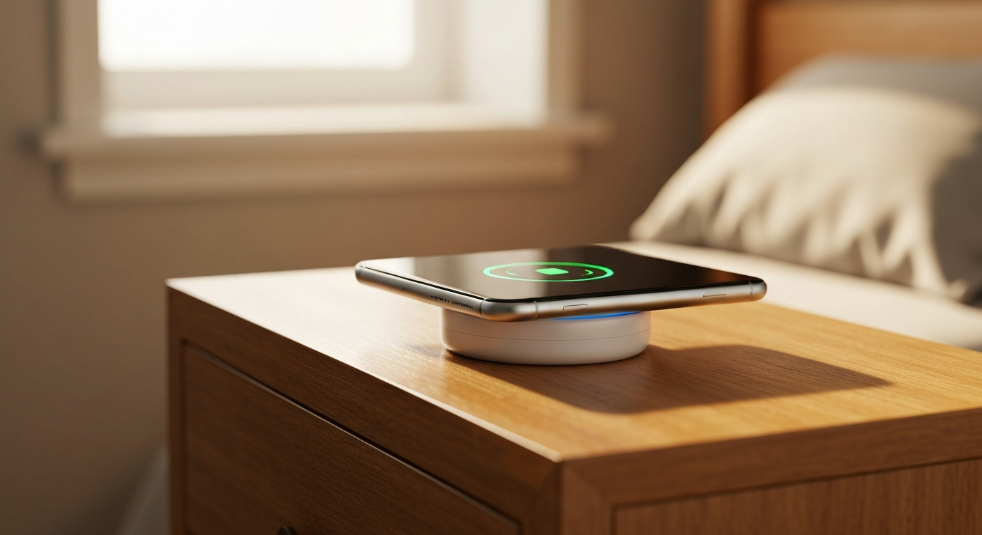 A smartphone magnetically snapped onto a round wireless charging puck on a wooden nightstand, charge ring on screen
