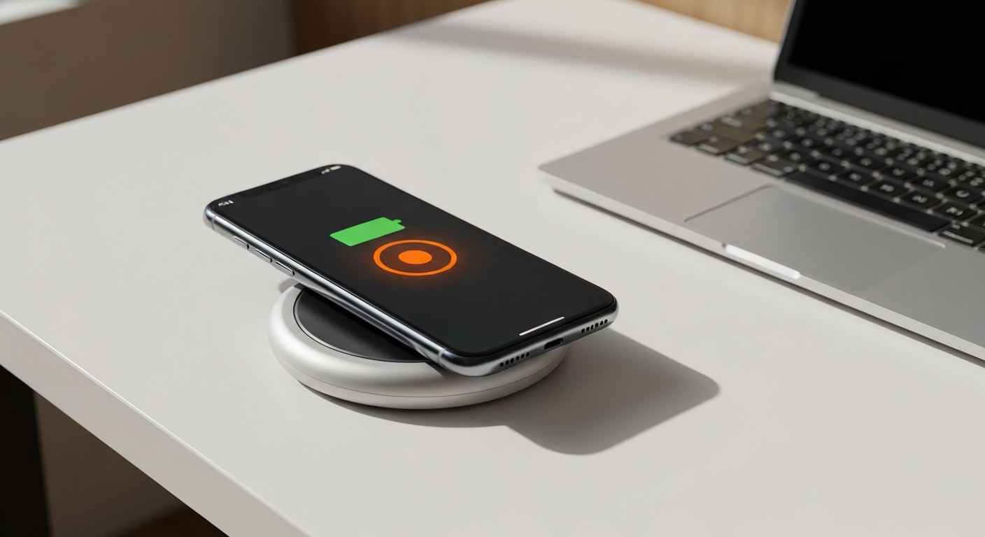 A smartphone charging on a round Qi2 wireless charging pad on a desk beside a laptop