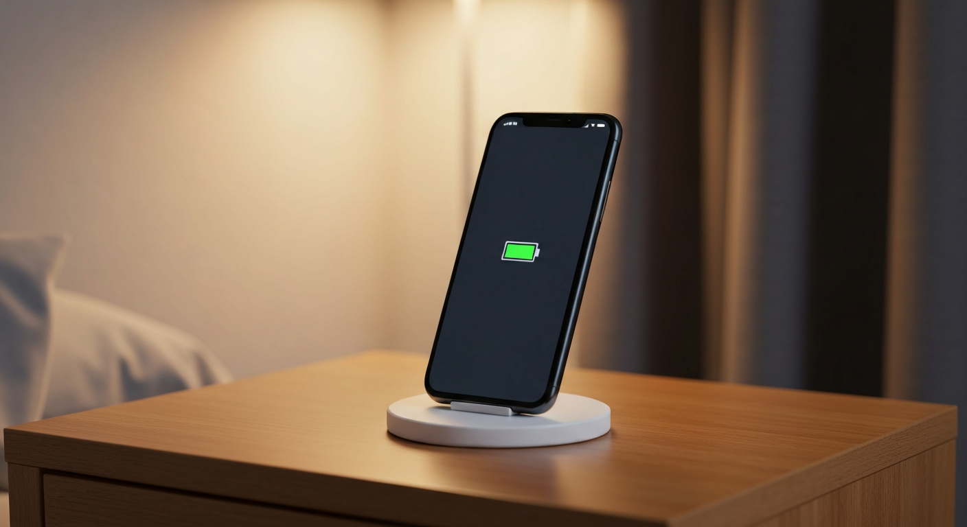 A smartphone on a round magnetic wireless charging stand on a wooden nightstand, screen showing a charging icon