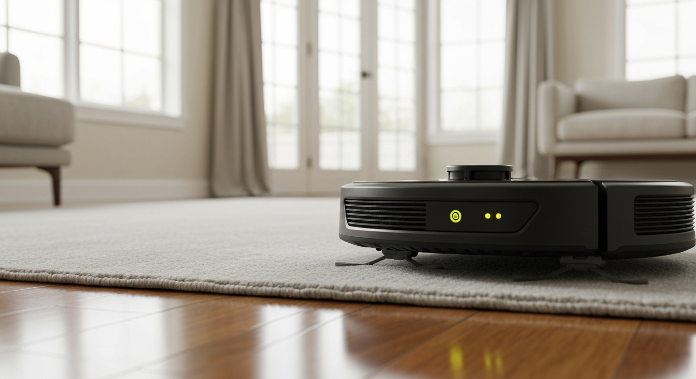 A robot vacuum moving from hardwood floor onto a thick area rug