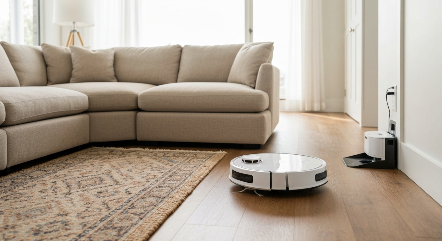 A white robot vacuum cleaning a hardwood living-room floor with its dock nearby