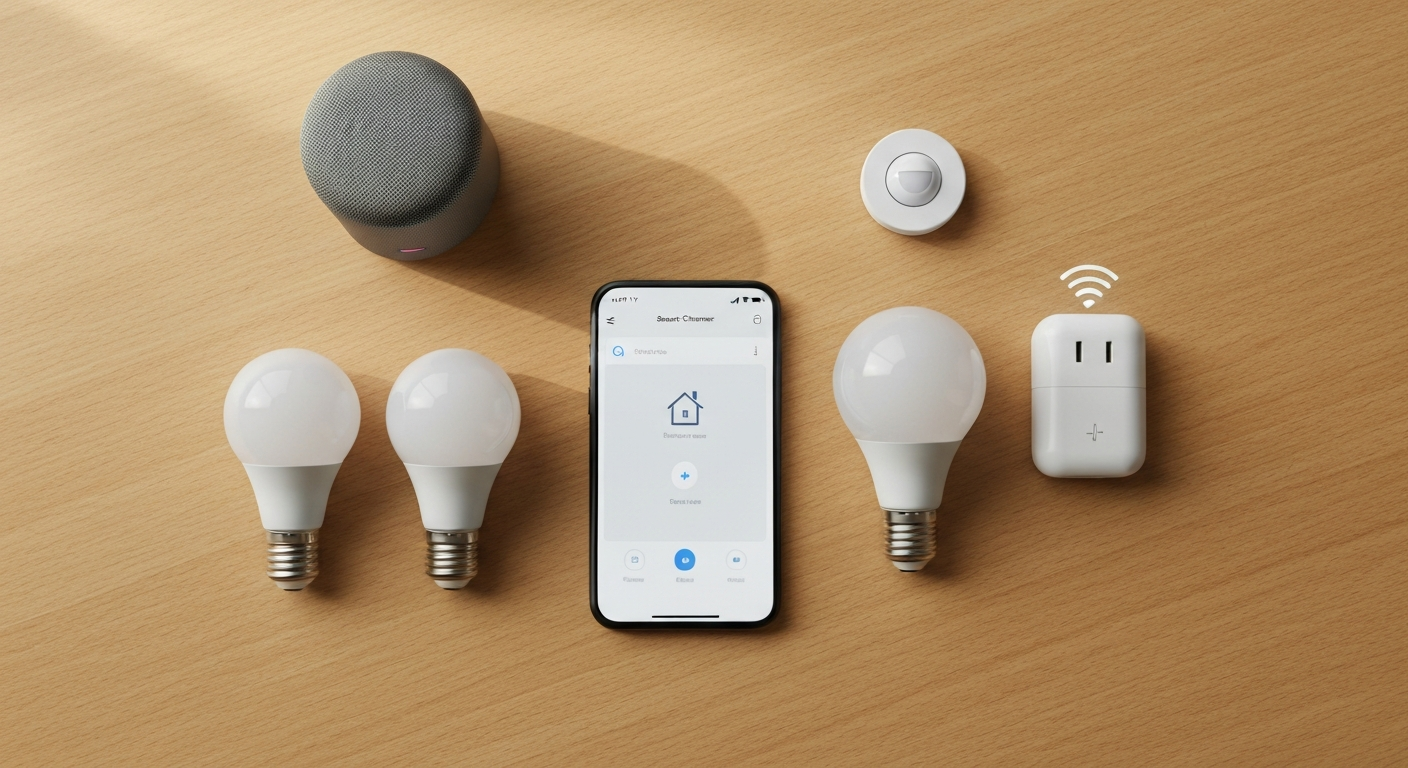 A beginner smart home starter kit laid out on a table: smart plug, bulbs, sensor, speaker, and a phone app