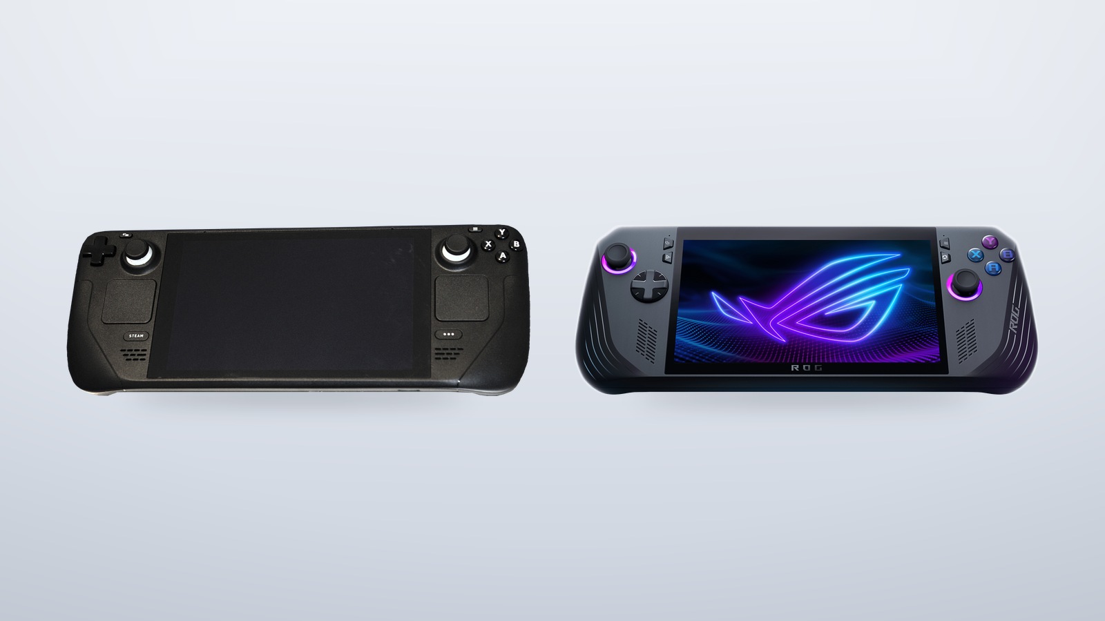 A Steam Deck OLED and a ROG Ally X handheld gaming PC side by side