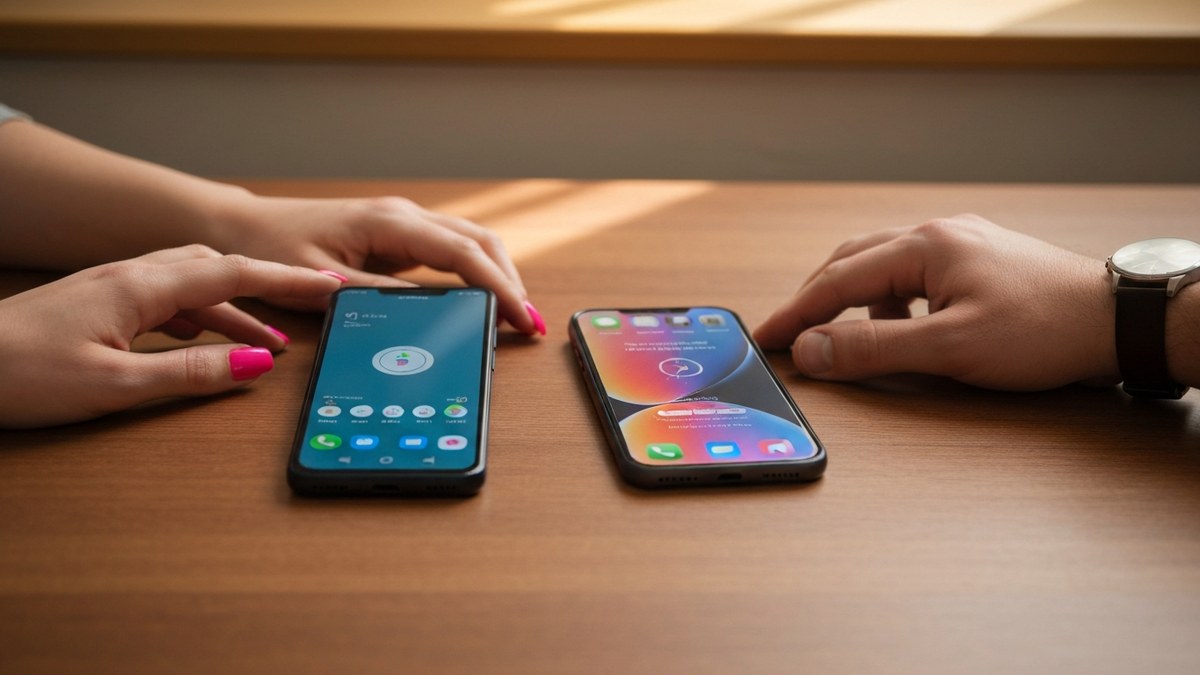 An Android phone and a new iPhone resting side by side on a clean wooden desk, both screens glowing during a data transfer.