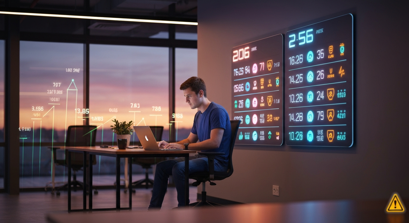 Developer studying a glowing office leaderboard ranking employees by AI token usage