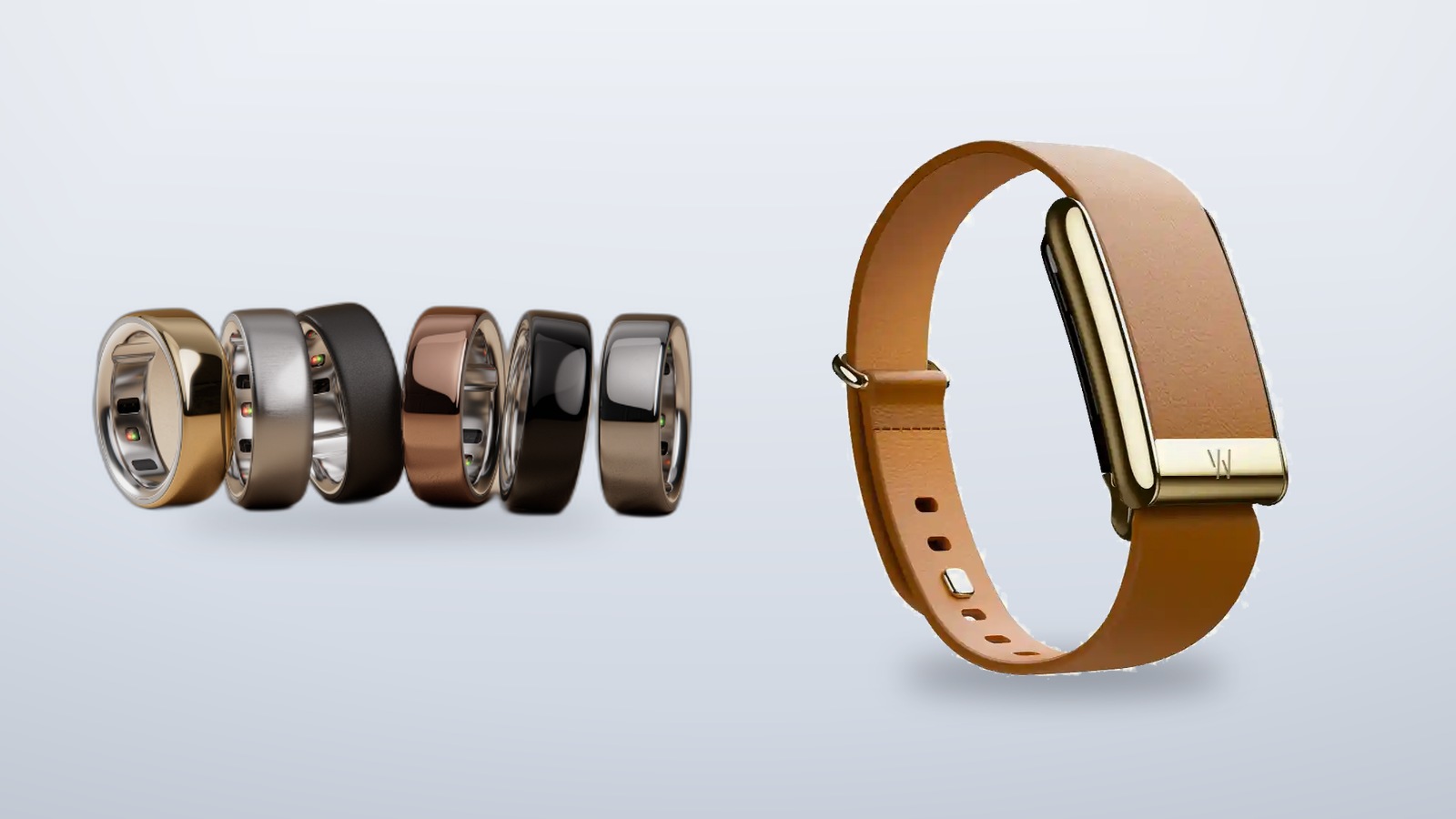 An Oura smart ring and a Whoop fabric recovery band side by side