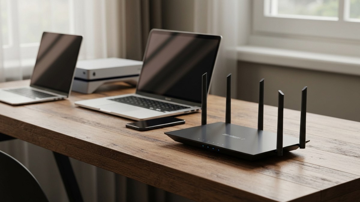 A modern flat-panel tri-band WiFi 7 router with multiple antennas sitting on a wooden home-office desk, a laptop, smartp