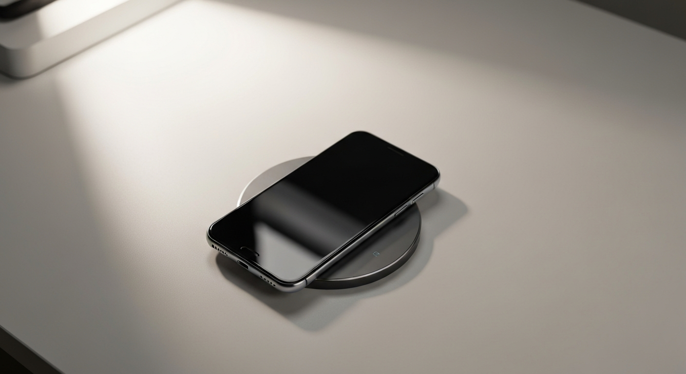 A smartphone resting on a round magnetic wireless charger on a desk