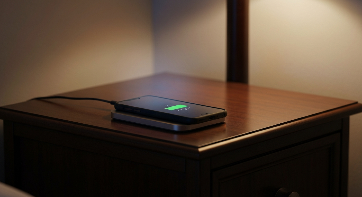 A smartphone charging on a wireless charging pad on a nightstand