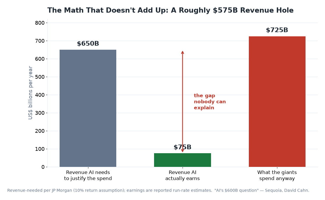 Bar chart comparing the roughly $650B AI needs to earn, the ~$75B it actually earns, and the ~$725B being spent, showing a huge revenue gap