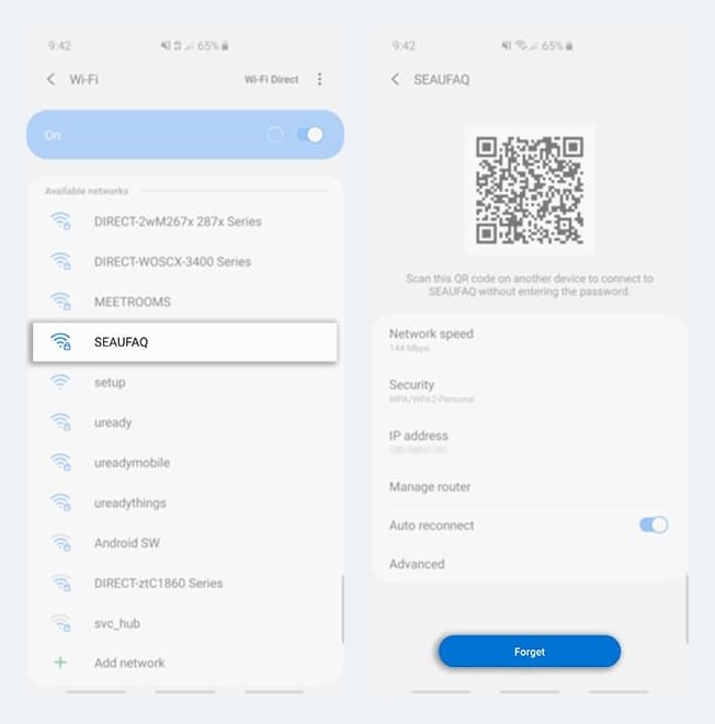 Android WiFi settings on a Samsung phone: the available networks list, and a saved network's detail screen with Auto reconnect, Manage router, and the Forget button