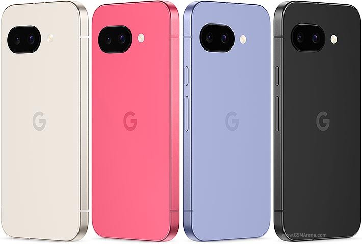 Google Pixel 9a lineup in all four colors — Porcelain, Peony pink, Iris purple, and Obsidian black — showing the rear dual-camera bar and Google G logo