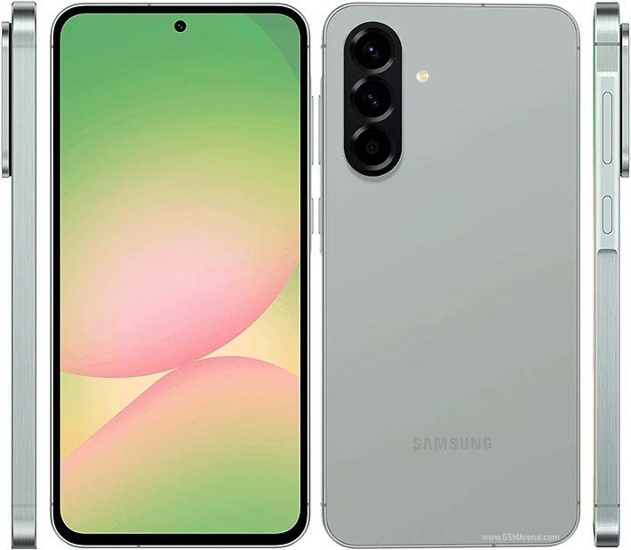 Samsung Galaxy A56 5G in olive green, front and rear, showing its 6.7-inch AMOLED screen and vertical triple camera