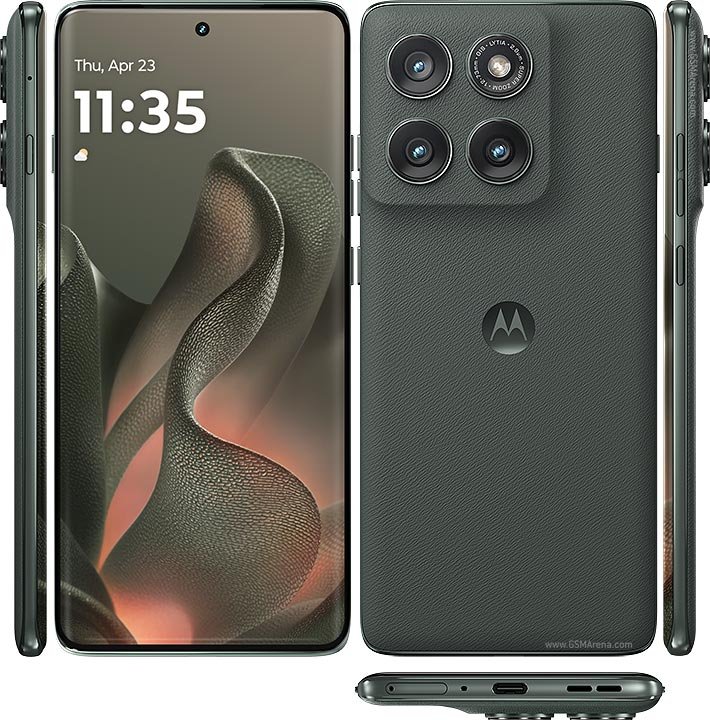 Motorola Edge 2025 in Pantone Deep Forest green, front and back, showing its curved pOLED display and vegan-leather rear