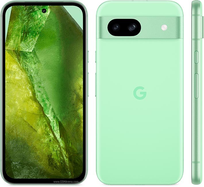 Google Pixel 8a in mint green, front and back, showing its rounded body and dual-camera bar