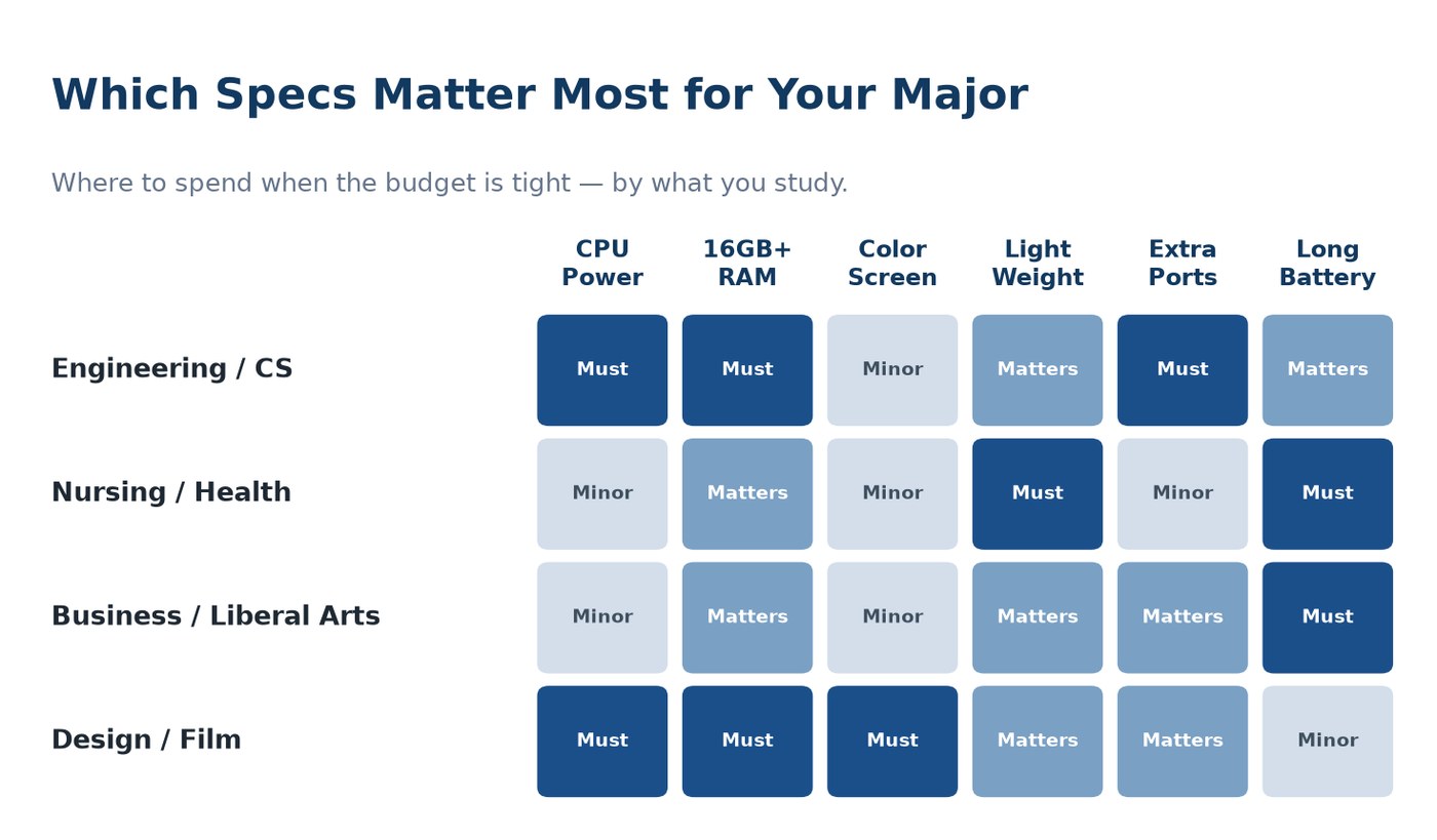 Matrix showing which laptop specs matter most for engineering, nursing, business, and design majors