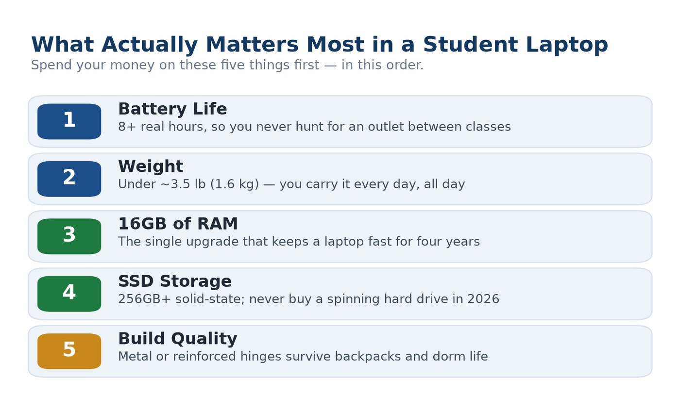 Ranked diagram of the five specs that matter most in a student laptop: battery life, weight, 16GB RAM, SSD storage, and build quality