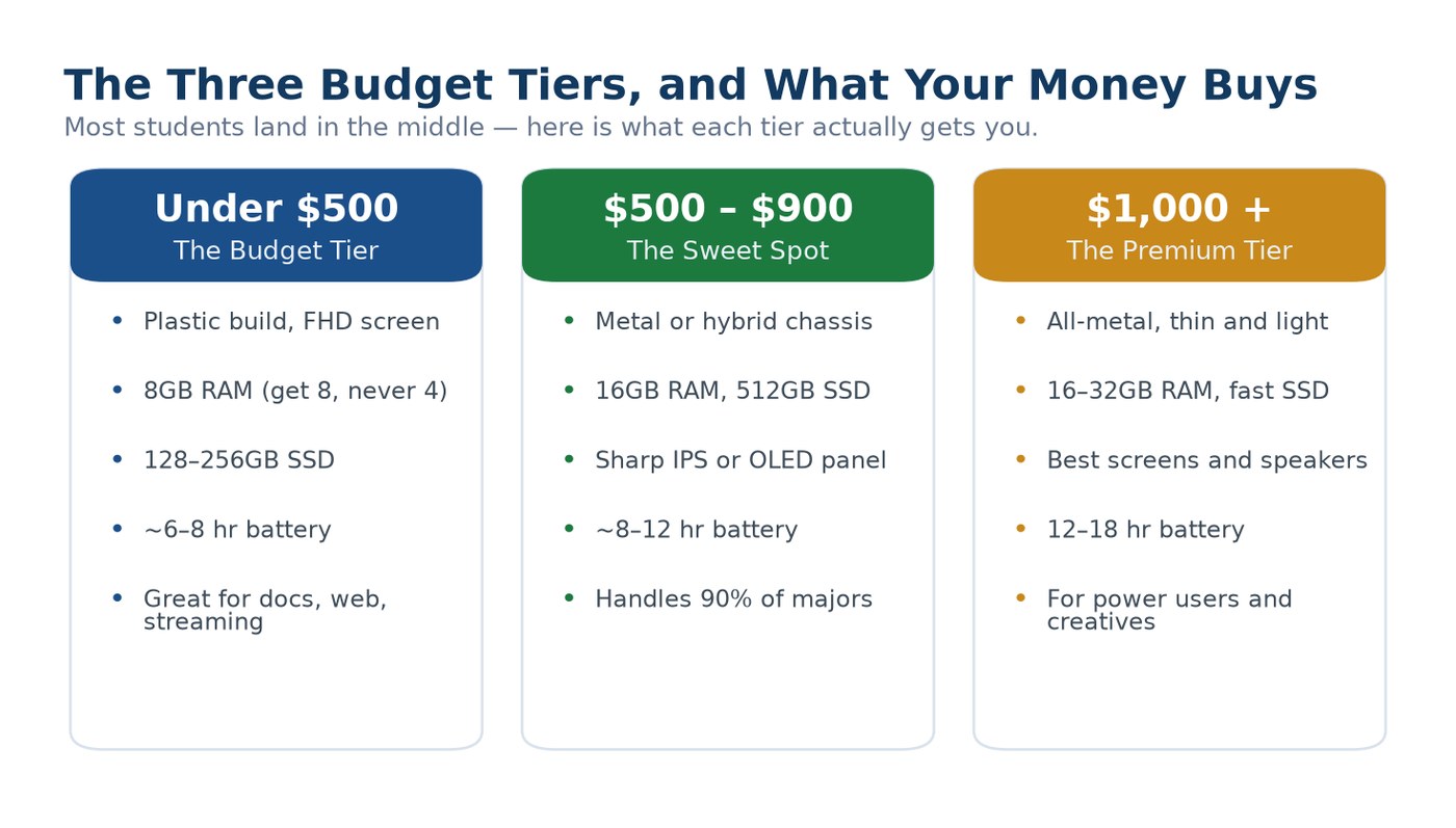 Comparison of the three laptop budget tiers for students: under 500 dollars, 500 to 900 dollars, and over 1000 dollars, and what each buys