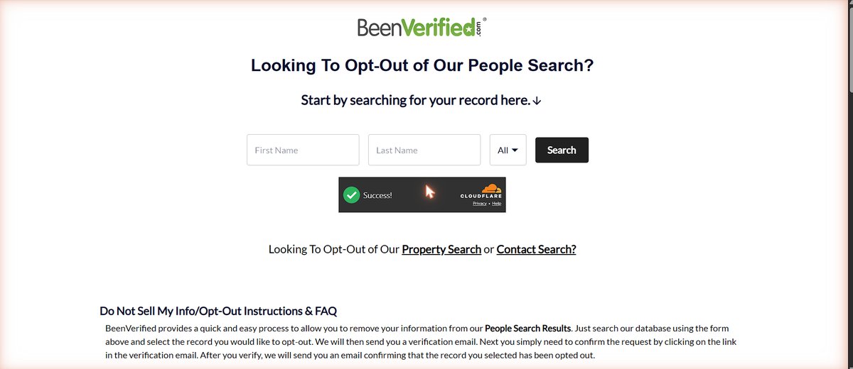 BeenVerified people-search opt-out page with first name, last name, and state search fields