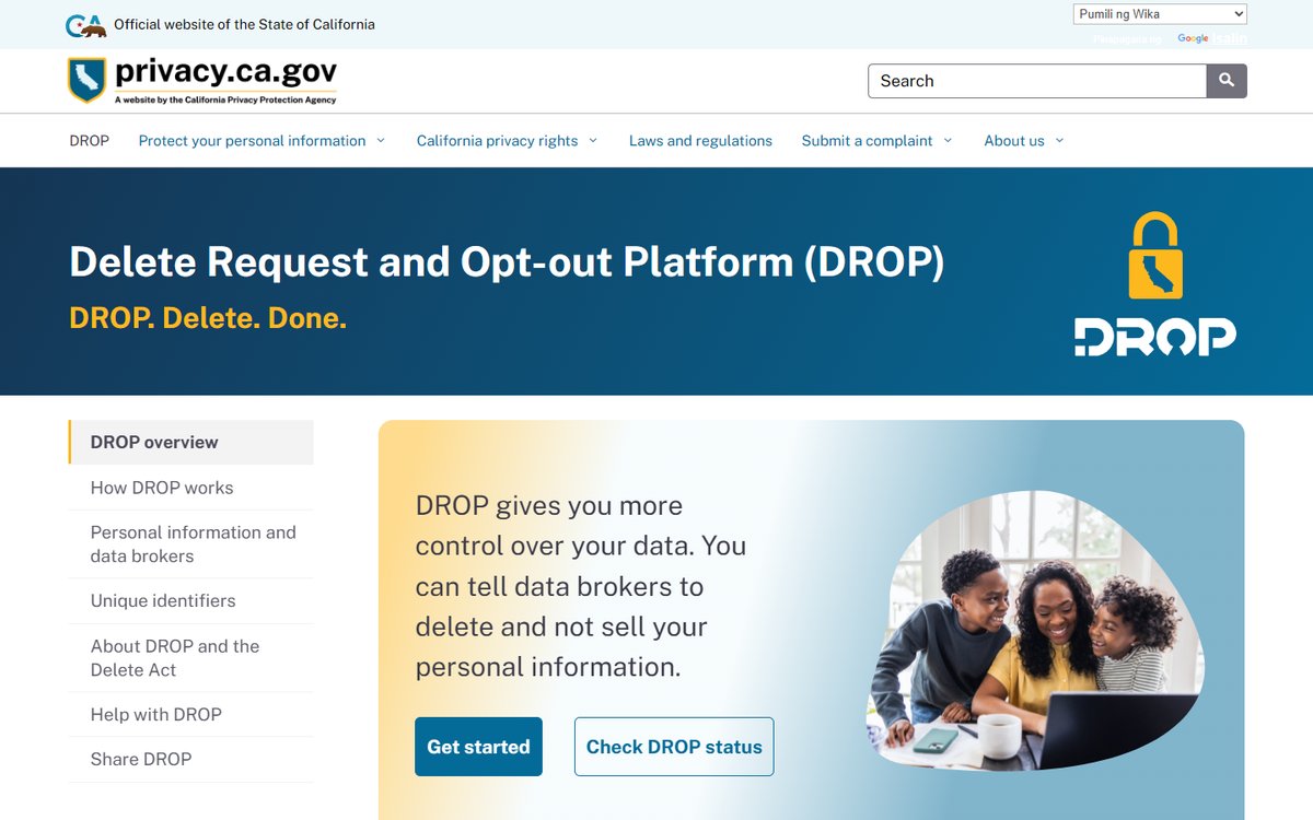 California DROP portal on privacy.ca.gov with the headline Delete Request and Opt-out Platform and a Get started button