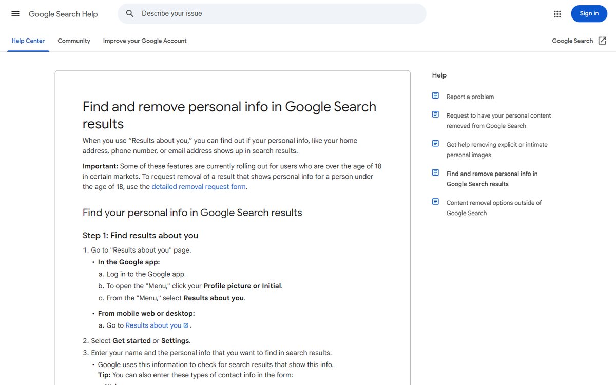 Google support page for the Results about you tool explaining how to find and remove personal info from Search results
