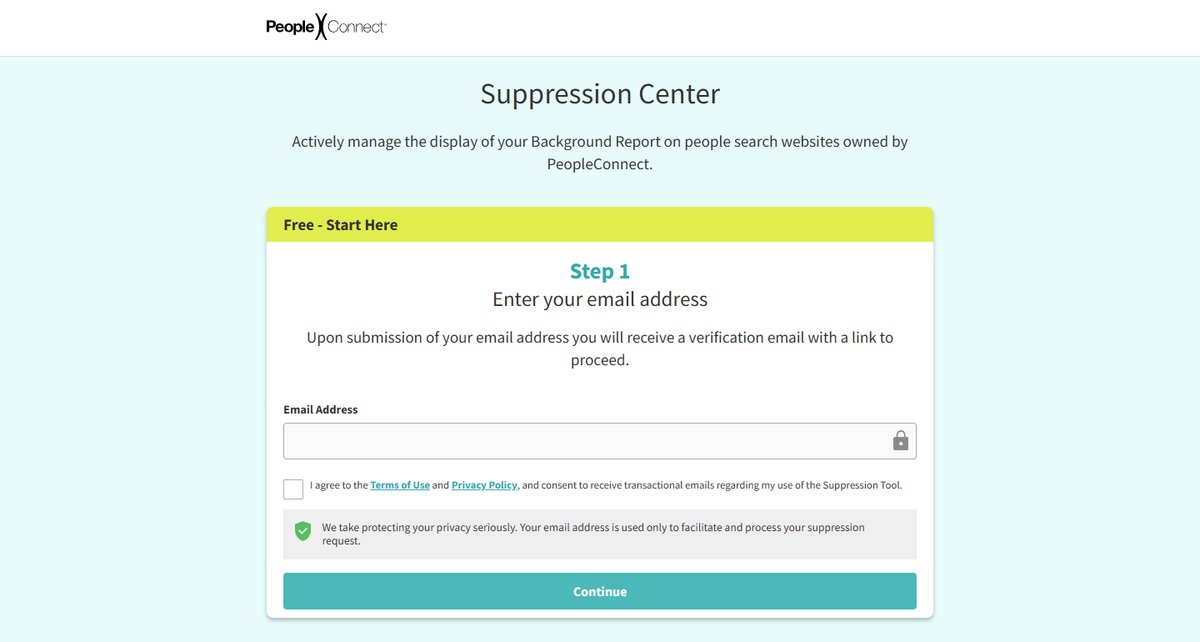 PeopleConnect Suppression Center step 1 email form covering Intelius, TruthFinder, Instant Checkmate, and US Search