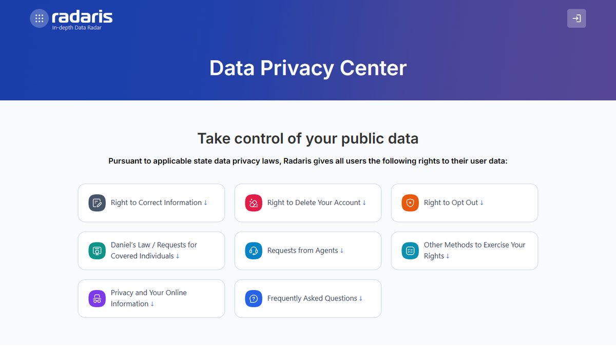 Radaris Data Privacy Center with Right to Opt Out and account deletion options