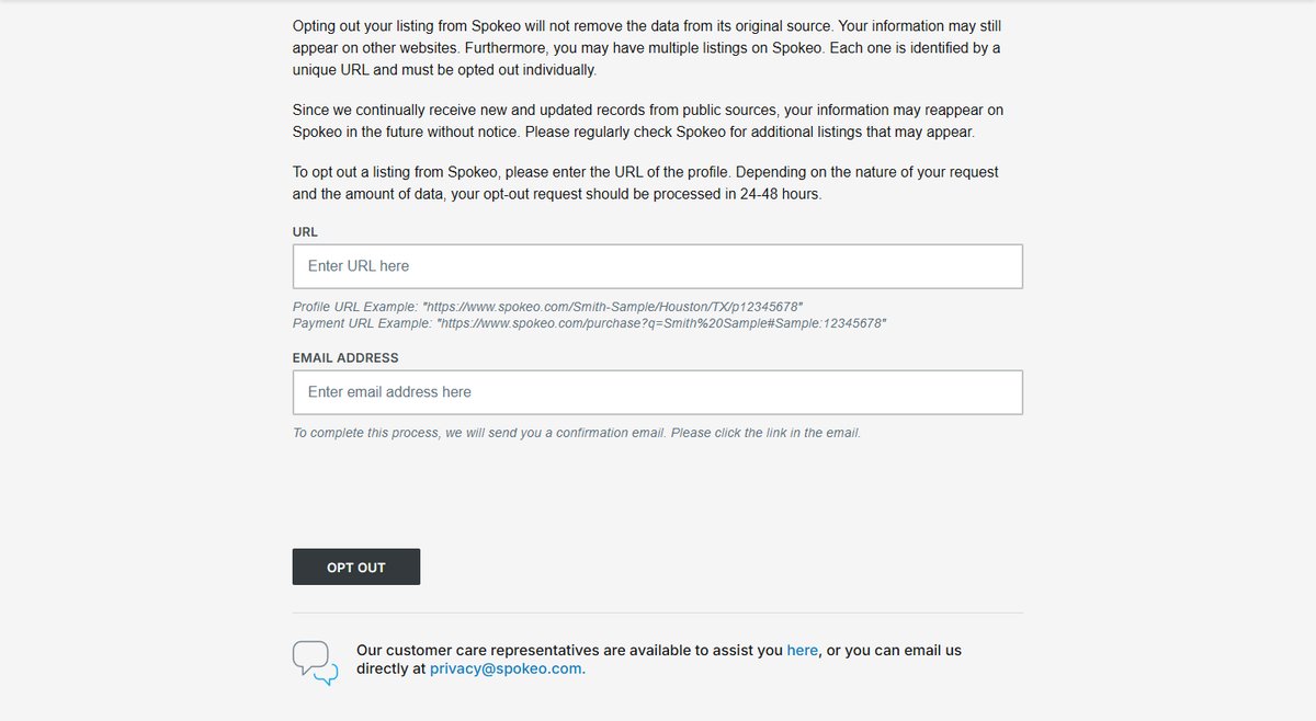 Spokeo opt-out form with fields for the profile URL and email address