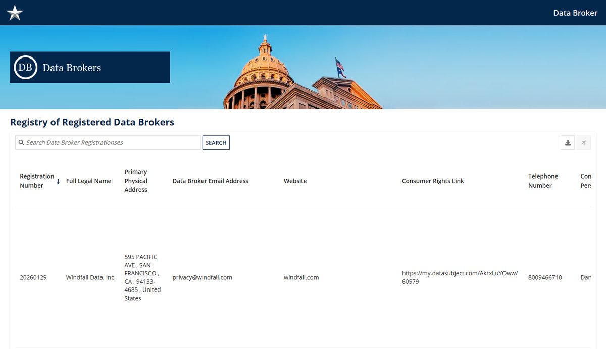 Texas Secretary of State searchable Registry of Registered Data Brokers with consumer rights links for each broker